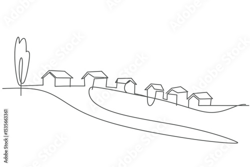 One Line Drawing of Houses on a Hillside