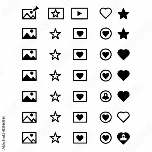 Design a set of vibrant, appealing icons representing wishlist and favorite items, showcasing diverse product types.  Include clear visual cues for each.