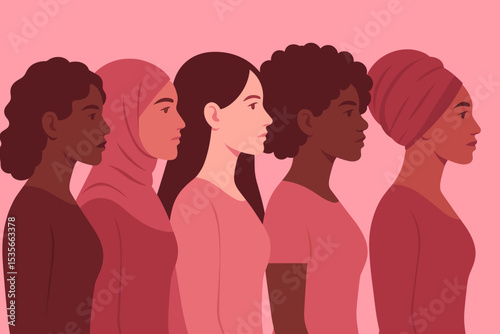 International Women's Day concept with diverse women standing in solidarity. Multicultural female profiles for feminism, sisterhood, empowerment, and gender equality vector.