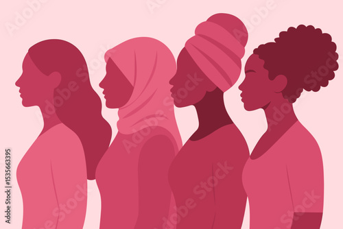 Diverse women group silhouette in profile. Concept for female empowerment, sisterhood, and solidarity. Multi-ethnic and multicultural women united for feminism and equality.