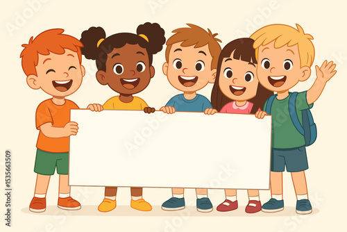 Group of happy diverse children holding a blank banner. Multiethnic kids, friends, and students with an empty sign for your text. Cartoon vector illustration for school and education.