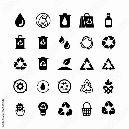 Create a set of vibrant, minimalist icons representing zero waste and plastic-free living.  Include symbols for recycling, composting, reusable bags, and water bottles.