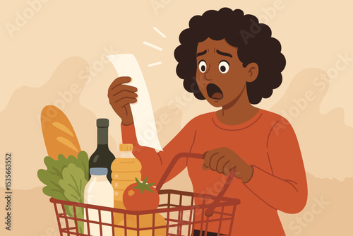 Shocked woman looking at long grocery bill. Concept of inflation, rising food prices, high cost of living, and economic crisis. Worried customer with shopping basket.