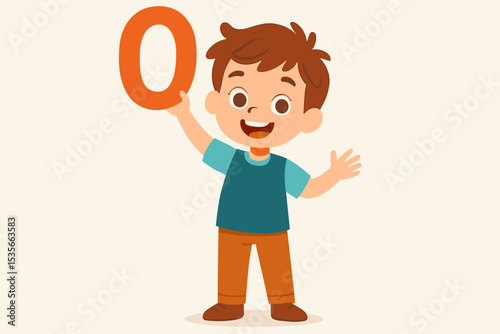 Cute cartoon boy holding the number zero. Happy kid learning numbers. Educational vector illustration for children. Preschool math learning concept. Character for school supplies.