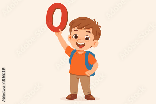 Cute cartoon boy student holding the number zero. Happy kid with backpack learning math. Elementary school pupil, education concept. Child learning to count. Vector illustration.