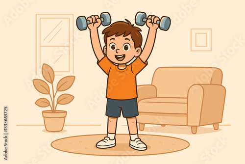 Happy cartoon boy exercising with dumbbells at home. Kid fitness, children sport and healthy lifestyle concept. Child lifting weights in the living room. Vector illustration.