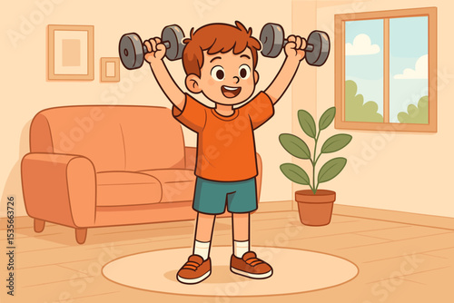 Cute cartoon boy exercising with dumbbells at home. Child fitness and workout concept. Happy kid lifting weights in living room. Healthy active lifestyle for children.
