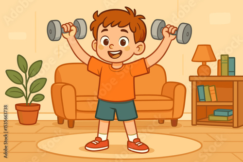 Cute cartoon boy exercising with dumbbells at home. Vector illustration of a happy child doing a workout. Kid's fitness and healthy lifestyle concept. Strength training for children.
