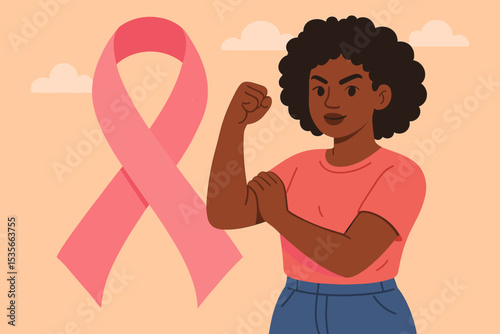 Strong African American woman in we can do it pose with a pink ribbon. Breast cancer awareness month concept. Symbol of empowerment, support, hope, and fight against disease.