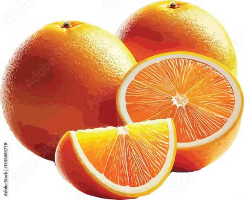 Vibrant illustration of fresh oranges with a slice and cut section on white background