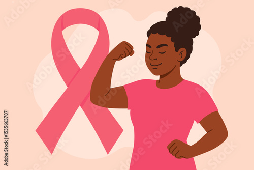 Breast Cancer Awareness concept. Strong Black woman flexing bicep by a pink ribbon. Empowered female fighter symbol of strength, hope, survival. Vector for support campaign.
