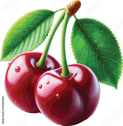Watercolor illustration of ripe red cherries with green leaves isolated on white background