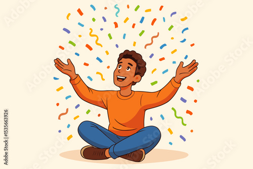 Young black boy celebrating success under falling confetti. Happy kid sitting with arms raised in joy. Victory and achievement concept. Cartoon vector illustration of a winner.