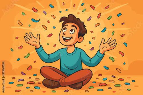 A burst of inspiration represented by colorful confetti raining on a happy man. Cartoon vector concept for creativity, a eureka moment, new ideas, success, and positive thinking.