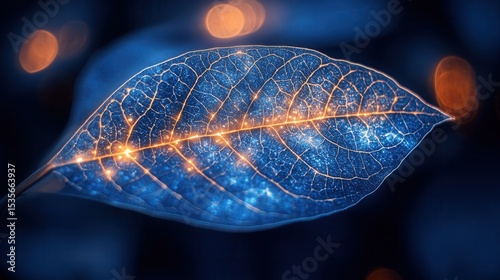 Illuminated Leaf with Glowing Veins Against a Dark Background