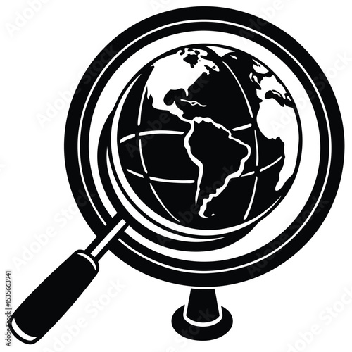 Magnifying glass examining a globe icon