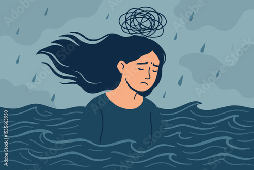 Sad woman drowning in a sea of sorrow. Metaphor for depression, anxiety, stress, and emotional crisis. Mental health concept with tangled thoughts, psychological storm, burnout.