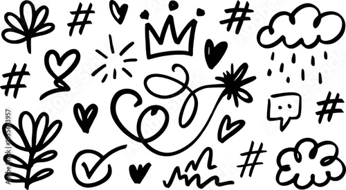 Black Hand Drawn Doodle Set Hearts Flowers Crown Hashtags