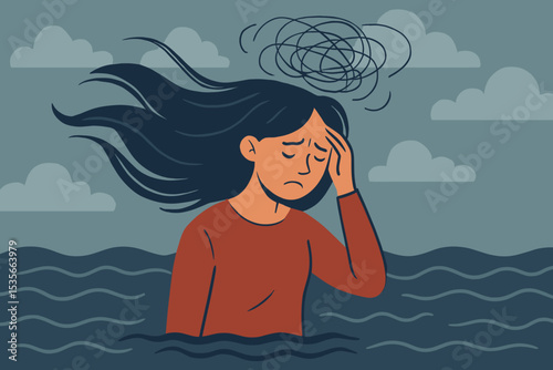 Sad woman drowning in sea of sorrow. Metaphor for mental health issues like depression, anxiety, stress. Confused mind with tangled thoughts. Psychological problem concept vector.