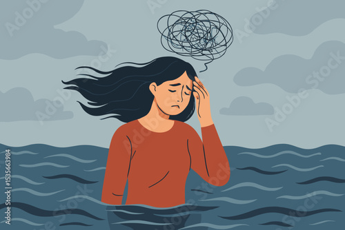 Sad depressed woman drowning in sea of sorrow. Metaphor for mental health issues, anxiety, depression. Confused thoughts, stress, and emotional burnout concept illustration.