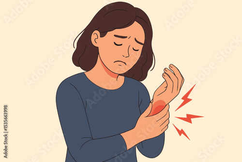 Woman suffering from wrist pain, holding her painful hand. Concept of joint inflammation, arthritis, carpal tunnel syndrome, sprain, or repetitive strain injury. Medical concept.