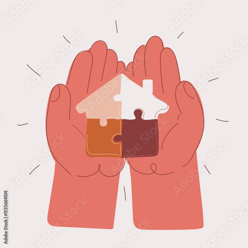 Cartoon vector illustration of a house made of puzzle pieces held in hands, symbolizing home building, unity, and support