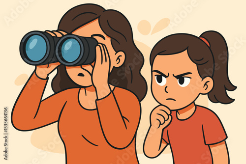 Woman with binoculars spying, with her suspicious and jealous daughter thinking. Concept of overprotective parenting, curiosity, investigation, family drama, and supervision. Cartoon.