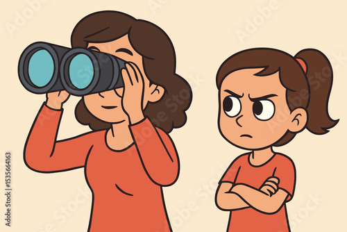 Concept of parenting problems. Mother with binoculars ignores her angry, impatient daughter. Family conflict, observation vs boredom. Frustrated girl sulking with arms crossed.
