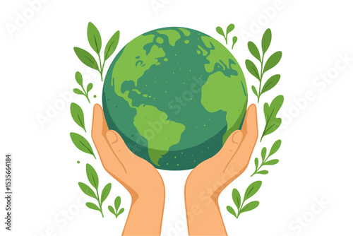 Hands holding green Earth globe with leaves. Environmental conservation and saving the planet concept. Earth Day illustration for ecology, nature care, and sustainability vector graphic.