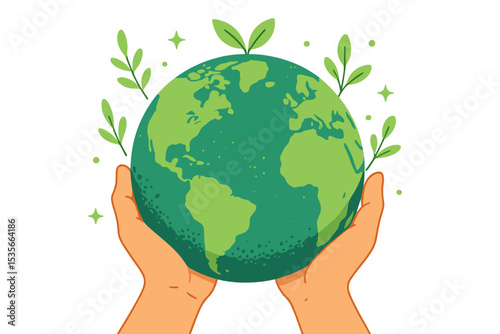 Caring hands holding green planet Earth with leaves. Environmental protection concept. World Earth Day. Ecology, nature conservation, save the planet, sustainability vector illustration.