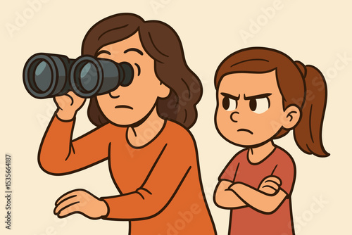 Helicopter parent concept with overprotective mother spying with binoculars. Angry daughter is annoyed and impatient. Family conflict, difficult parenting style. Nosy mom, surveillance.