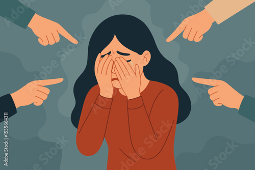 Victim blaming and bullying concept. Sad depressed woman crying, hands pointing fingers at her. Social accusation, shame, guilt, harassment, mental distress, and public judgment.