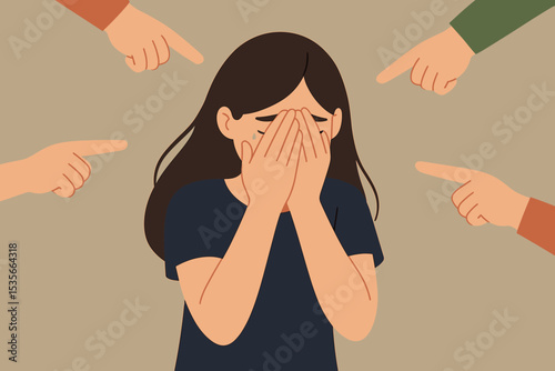 Victim blaming concept. Sad depressed woman crying, covering her face in shame. Hands pointing in accusation. Bullying, harassment, and social pressure. Mental health issues illustration.
