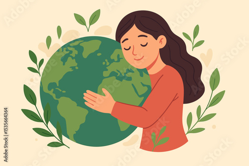Love our planet concept. A woman gently embracing the Earth globe. Vector illustration for Earth Day, environment protection, ecology, sustainability, conservation and green living.