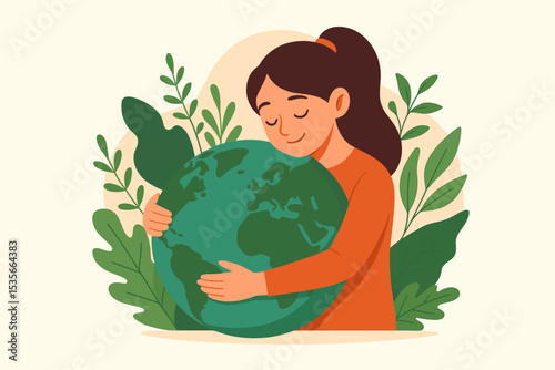 Young woman tenderly hugging planet Earth. Environmental protection, conservation, and sustainability concept. Earth Day illustration. Love and care for nature, our world and ecology.