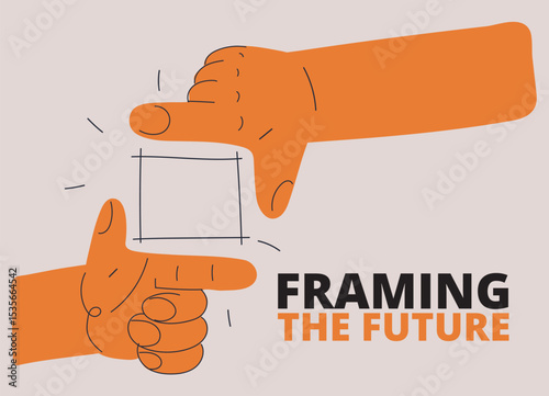 Cartoon vector illustration of hands framing the future with a rectangle, symbolizing vision, planning, and focus