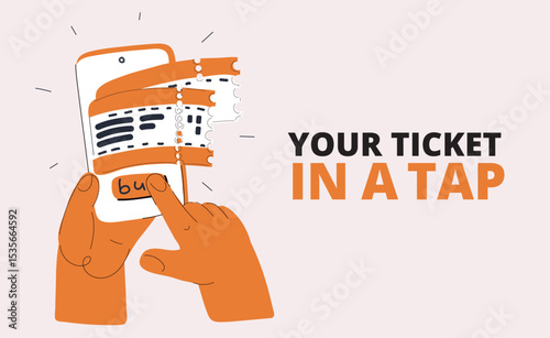 Cartoon vector illustration of hands holding a mobile phone with a ticket on the screen and the text "Your Ticket in a Tap," symbolizing digital access and convenience