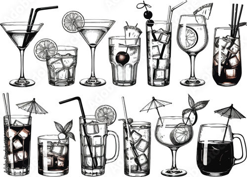 Elegant Hand-Drawn Cocktail and Drink Glassware Collection