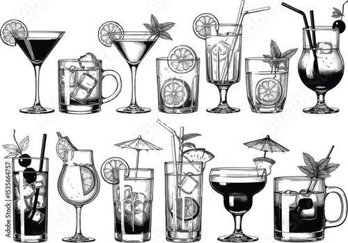 Elegant Hand-Drawn Cocktail and Drink Glassware Collection