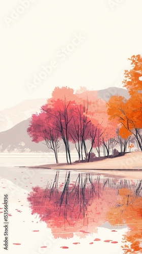 Autumn Trees Reflected in Calm Water with Distant Mountains