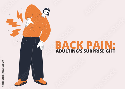 Cartoon vector illustration of a woman holding her back, symbolizing back pain and discomfort