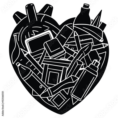 Heart shaped collection of art and design supplies