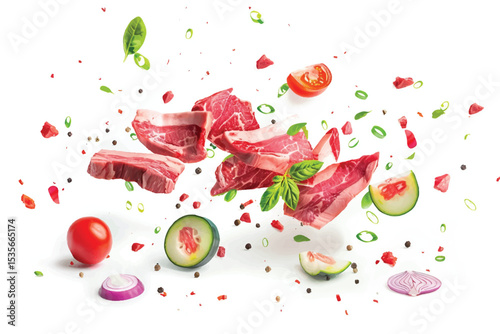 Fresh tuna fillet steaks with spices and herbs on a black background. Preparing tuna for baking