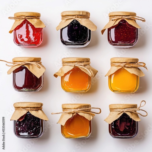 Nine jars of fruit preserves isolated on white background