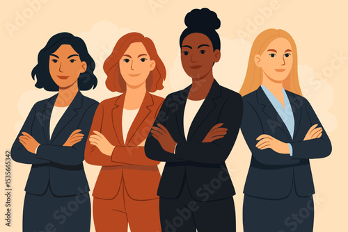 Multicultural group of empowered businesswomen standing together. Confident female professionals with arms crossed. Concept for teamwork, leadership, feminism, and unity.