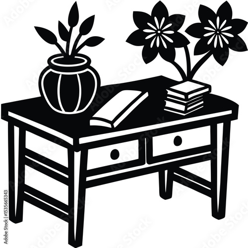 Simple two drawer desk with plants and books