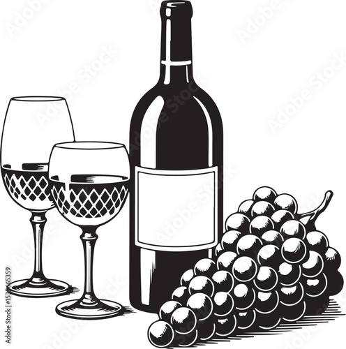 Elegant Wine Bottle, Glasses, and Grapes Still Life