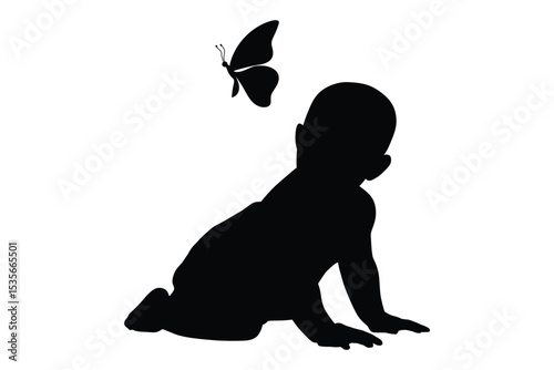 Vector illustration of baby silhouette in crawling and sitting positions, toddler movement poses, black infant figures collection for child development ...