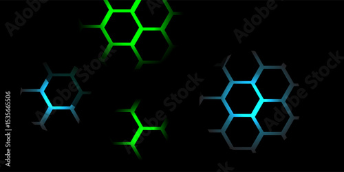 Dark hexagon abstract technology background with blue and green colored bright flashes under hexagon. Hexagonal gaming vector tech illustration black abstract background. eps10