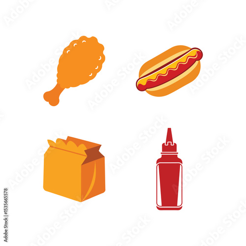 Vector art of fried chicken hotdog bag and ketchup bottle isolated on white background